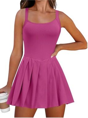 ANRABESS Vibrant Pink Pleated Tennis Athletic Pleated Mini Skort Romper Dress